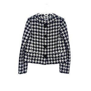 Houndstooth Black White Wool Blend Blazer Jacket With Button Closure